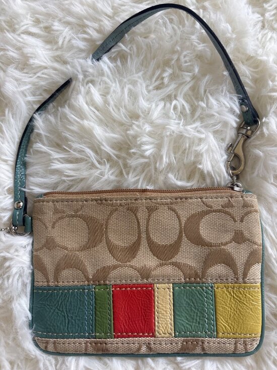 Coach Handbags - Coach Mini Wristlet Signature C Canvas Patchwork Stripe Bag Teal Trim Vintage